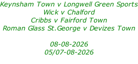 Keynsham Town v Longwell Green Sports Wick v Chalford Cribbs v Fairford Town Roman Glass St.George v Devizes Town  08-08-2026 05/07-08-2026