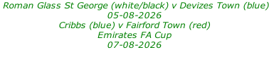 Roman Glass St George (white/black) v Devizes Town (blue) 05-08-2026 Cribbs (blue) v Fairford Town (red) Emirates FA Cup 07-08-2026
