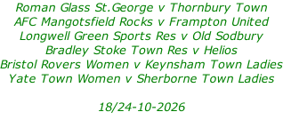 Roman Glass St.George v Thornbury Town AFC Mangotsfield Rocks v Frampton United Longwell Green Sports Res v Old Sodbury Bradley Stoke Town Res v Helios Bristol Rovers Women v Keynsham Town Ladies Yate Town Women v Sherborne Town Ladies  18/24-10-2026