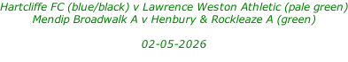 Hartcliffe FC (blue/black) v Lawrence Weston Athletic (pale green) Mendip Broadwalk A v Henbury & Rockleaze A (green)  02-05-2026