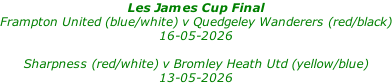 Les James Cup Final Frampton United (blue/white) v Quedgeley Wanderers (red/black) 16-05-2026  Sharpness (red/white) v Bromley Heath Utd (yellow/blue) 13-05-2026