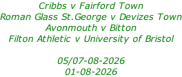 Cribbs v Fairford Town Roman Glass St.George v Devizes Town Avonmouth v Bitton Filton Athletic v University of Bristol  05/07-08-2026 01-08-2026