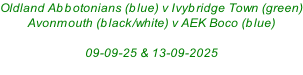 Oldland Abbotonians (blue) v Ivybridge Town (green) Avonmouth (black/white) v AEK Boco (blue)  09-09-25 & 13-09-2025